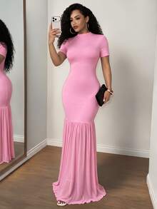 BamGleam Pink Semi-High Neck Long Dress, Short Sleeve Slim Fit Mesh Patchwork Fishtail Hem Sexy Style Dress Night Out Summer - Pink - View 4