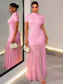 BamGleam Pink Semi-High Neck Long Dress, Short Sleeve Slim Fit Mesh Patchwork Fishtail Hem Sexy Style Dress Night Out Summer - Pink - View 2