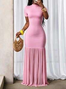 BamGleam Pink Semi-High Neck Long Dress, Short Sleeve Slim Fit Mesh Patchwork Fishtail Hem Sexy Style Dress Night Out Summer - Pink - View 3