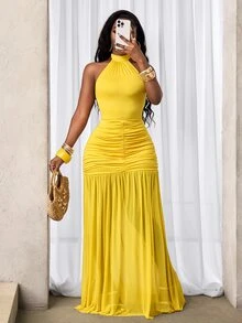 BamGleam Yellow Summer Tropical Vacation Women Solid Color Pleated Halter Dress, Elegant Ruched Maxi Sundress,Curve Halter Neck Long Dress Brunch Outfits - Yellow - View 6