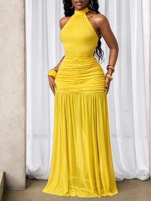 BamGleam Yellow Summer Tropical Vacation Women Solid Color Pleated Halter Dress, Elegant Ruched Maxi Sundress,Curve Halter Neck Long Dress Brunch Outfits - Yellow - View 4