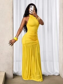BamGleam Yellow Summer Tropical Vacation Women Solid Color Pleated Halter Dress, Elegant Ruched Maxi Sundress,Curve Halter Neck Long Dress Brunch Outfits - Yellow - View 8