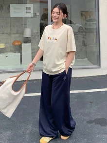 Dazy Plus Atasan Wanita Lengan Pendek Kasual Warna Beige Ukuran Besar dengan Bordir Motif Indah untuk Musim Semi dan Musim Panas, Kaos Grafis untuk Liburan Thanksgiving - Krem - View 3