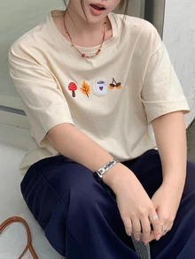 Dazy Plus Atasan Wanita Lengan Pendek Kasual Warna Beige Ukuran Besar dengan Bordir Motif Indah untuk Musim Semi dan Musim Panas, Kaos Grafis untuk Liburan Thanksgiving - Krem - View 7