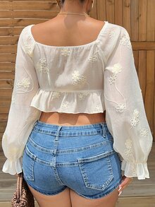 REIGN AVE Embroidered Floral Sexy Crop Top With Frill Trim And Flare Sleeves, Plus Size, White, Spring/Summer Blouse Long Sleeve - White - View 9