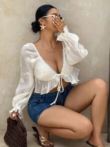 REIGN AVE Embroidered Floral Sexy Crop Top With Frill Trim And Flare Sleeves, Plus Size, White, Spring/Summer Blouse Long Sleeve - White - View 2