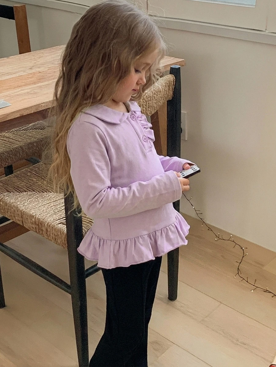 Hapijoa Young Girl Solid Color Pleated Casual Daily Long Sleeve T-Shirt - Mauve Purple - View 1