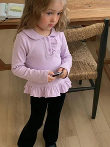 Hapijoa Young Girl Solid Color Pleated Casual Daily Long Sleeve T-Shirt - Mauve Purple - View 5