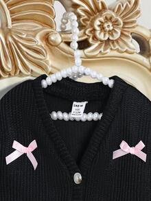 SHEIN 女婴 V 领蝴蝶结纯色长袖纽扣开衫针织毛衣外套，适合春秋季节 - 黑色 - 查看 8