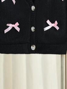 SHEIN 女婴 V 领蝴蝶结纯色长袖纽扣开衫针织毛衣外套，适合春秋季节 - 黑色 - 查看 7
