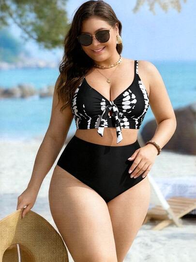 SHEIN Swim ملابس سباحة نسائية مقاس كبير بطبعة عقدة الفراشة سوداء، توب بياقة V ملتوية، طقم منفصل بخصر عالي، إطلالة أنيقة وجذابة لعطلات الشاطئ والصيف والحفلات