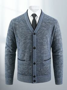 Manfinity Homme Old Money Men's Fleece-Lined V-Neck Button Down Knit Cardigan Solid Color Long Sleeve With Pockets Autumn Business Casual Royal Blue And White Office - Grey - View 7