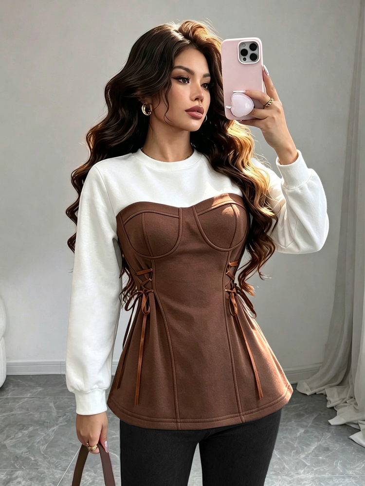 Rafferiza Early Autumn Colorblock 2 In 1 Tie Waist Slim Fit A-Line Sweatshirt, Casual Commute Streetwear Top - Multicolor - View 1