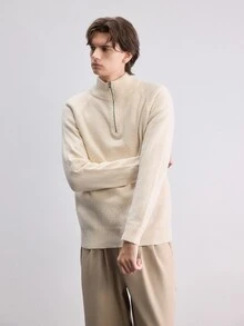 Claim Dot Men's Solid Color High Neck Zip-Up Sweater Urban Renaissance Street Style Creative Personalized Streetwear, Suitable For Daily Wear, Leisure, Vacation - Beige - View 3