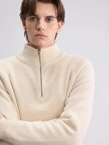 Claim Dot Men's Solid Color High Neck Zip-Up Sweater Urban Renaissance Street Style Creative Personalized Streetwear, Suitable For Daily Wear, Leisure, Vacation - Beige - View 7