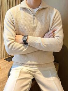 Claim Dot Men's Solid Color High Neck Zip-Up Sweater Urban Renaissance Street Style Creative Personalized Streetwear, Suitable For Daily Wear, Leisure, Vacation - Beige - View 1