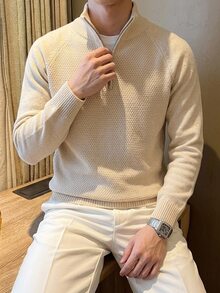 Claim Dot Men's Solid Color High Neck Zip-Up Sweater Urban Renaissance Street Style Creative Personalized Streetwear, Suitable For Daily Wear, Leisure, Vacation - Beige - View 2