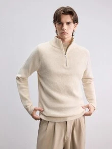 Claim Dot Men's Solid Color High Neck Zip-Up Sweater Urban Renaissance Street Style Creative Personalized Streetwear, Suitable For Daily Wear, Leisure, Vacation - Beige - View 4