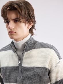 Manfinity CasualKnits 男士立領長袖條紋拼色雙色拉鍊毛衣，學院風休閒秋季上衣，男女通用，適合日常穿著 - 灰色 - 查看 7