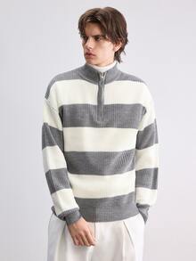 Manfinity CasualKnits 男士立領長袖條紋拼色雙色拉鍊毛衣，學院風休閒秋季上衣，男女通用，適合日常穿著 - 灰色 - 查看 4