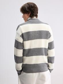 Manfinity CasualKnits 男士立領長袖條紋拼色雙色拉鍊毛衣，學院風休閒秋季上衣，男女通用，適合日常穿著 - 灰色 - 查看 3