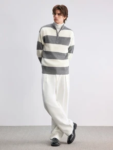 Manfinity CasualKnits 男士立領長袖條紋拼色雙色拉鍊毛衣，學院風休閒秋季上衣，男女通用，適合日常穿著 - 灰色 - 查看 5