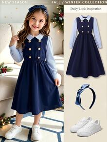 Tween Girls Blue And White Stripe 2 In 1 Long Sleeve Commuter School Dress With Shirt Collar Double-Breasted Metal Buttons Vintage Fall Holiday - Navy Blue - View 1