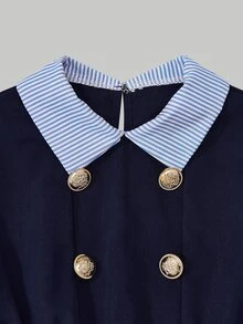 Tween Girls Blue And White Stripe 2 In 1 Long Sleeve Commuter School Dress With Shirt Collar Double-Breasted Metal Buttons Vintage Fall Holiday - Navy Blue - View 5