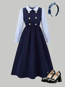 Tween Girls Blue And White Stripe 2 In 1 Long Sleeve Commuter School Dress With Shirt Collar Double-Breasted Metal Buttons Vintage Fall Holiday - Navy Blue - View 4