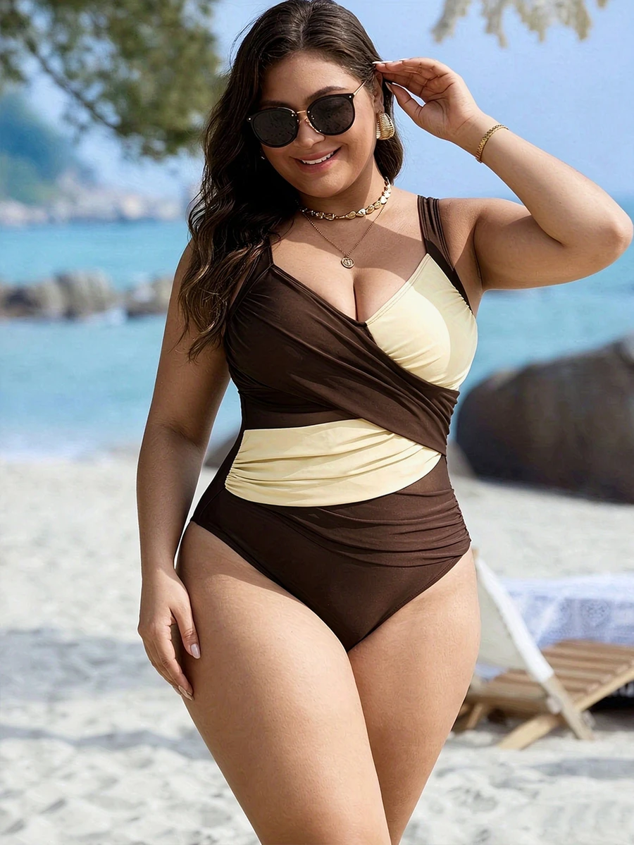 SHEIN Swim Curve Plus Size Women's Cross-Over Dual-Tone Mesh Patchwork One-Piece Swimsuit, Summer Beach Vacation - Multicolor - View 1