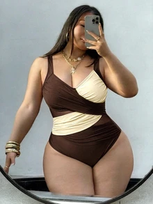SHEIN Swim Curve Plus Size Women's Cross-Over Dual-Tone Mesh Patchwork One-Piece Swimsuit, Summer Beach Vacation - Multicolor - View 3
