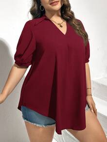Shapeblank Plus Size Women's Summer Casual Loose V-Collar Loose Blouse, Teacher Work Women Top - Burgundy - View 6
