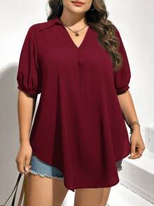 Shapeblank Plus Size Women's Summer Casual Loose V-Collar Loose Blouse, Teacher Work Women Top - Burgundy - View 7