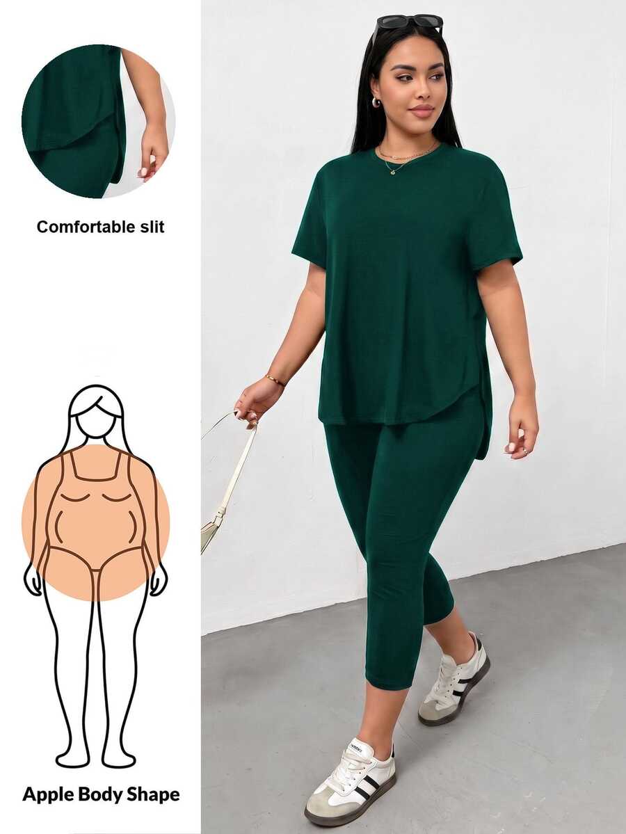 Shapeblank 大码女装春夏时尚休闲运动舒适百搭显瘦日常绿色短袖T恤和打底裤两件套,裤装套装,街头风,机场穿搭,女士夏季穿搭,外出穿搭,Y2K风格,极简风,女士教堂着装 - 墨綠色 - 查看 1