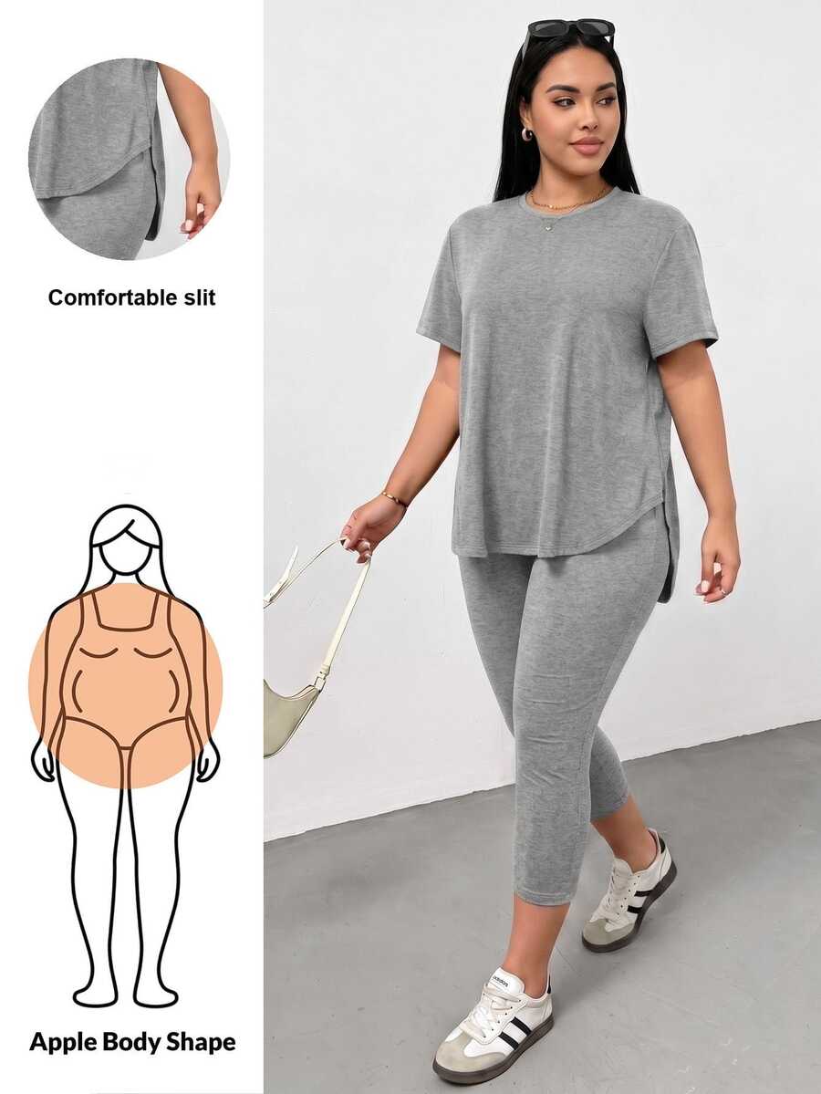 Shapeblank 大码女装春夏时尚休闲运动舒适百搭显瘦日常黑色短袖T恤和打底裤两件套,裤装套装,街头风,机场穿搭,夏季女装,外出穿搭,Y2K风格,极简风,女士教堂着装 - 淺灰色 - 查看 1