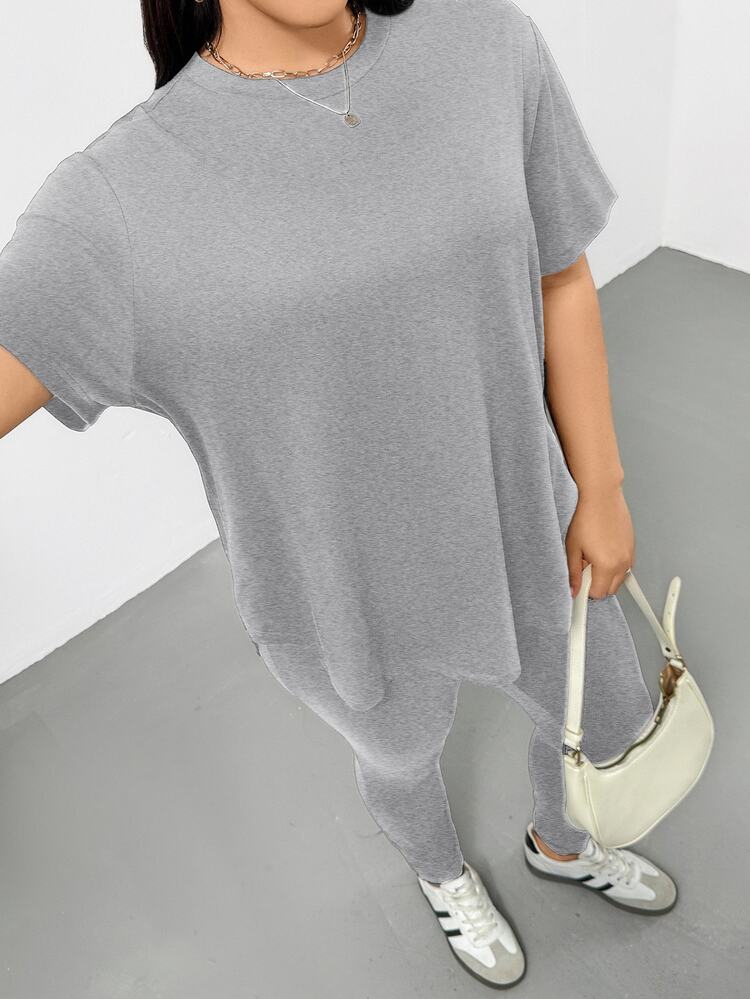 Shapeblank Plus Size Women's Plain Grey Summer Smart Casual Everyday Short-Sleeved T-Shirt And Leggings 2pcs Set,Versatile Sporty Airport Outfits,Y2k - Light Grey - View 8