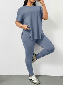 Shapeblank 大码女装春夏时尚休闲运动舒适百搭显瘦日常黑色短袖T恤和打底裤两件套，裤装套装，街头风，机场穿搭，夏季女装，外出穿搭，Y2K风格，极简风，女士教堂着装 - 藍色 - 查看 2