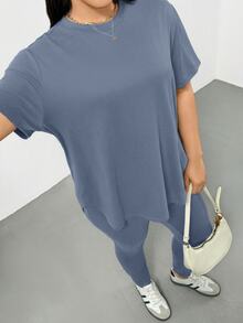 Shapeblank 大码女装春夏时尚休闲运动舒适百搭显瘦日常黑色短袖T恤和打底裤两件套，裤装套装，街头风，机场穿搭，夏季女装，外出穿搭，Y2K风格，极简风，女士教堂着装 - 藍色 - 查看 8