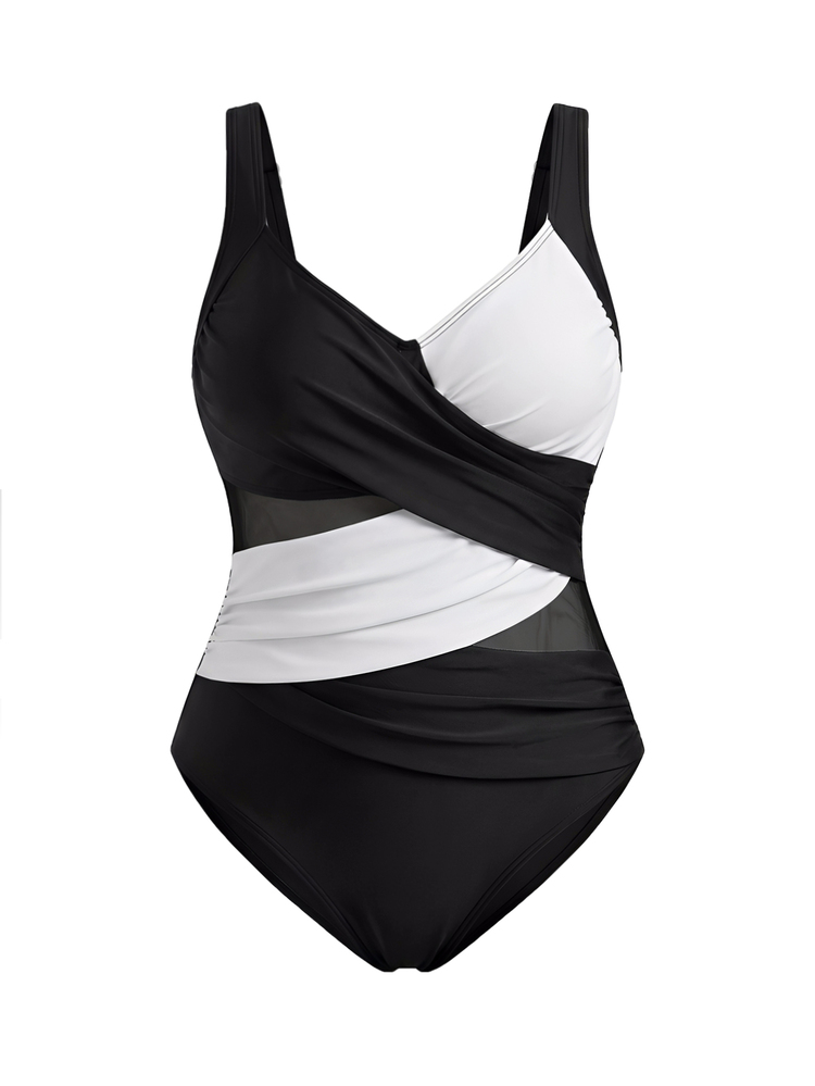 SHEIN Swim Curve Plus Size Women's Crisscross Ombre Mesh Patchwork One-Piece Swimsuit, Summer Beach Vacation - Black and White - View 8