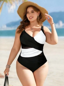 SHEIN Swim Curve Plus Size Women's Crisscross Ombre Mesh Patchwork One-Piece Swimsuit, Summer Beach Vacation - Black and White - View 1