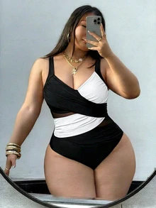 SHEIN Swim Curve Plus Size Women's Crisscross Ombre Mesh Patchwork One-Piece Swimsuit, Summer Beach Vacation - Black and White - View 3