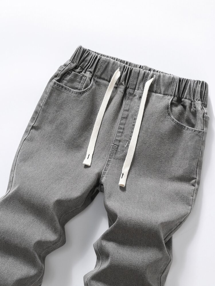SHEIN Tween Boy Casual Elastic Waist All-Match Stretchy Gray Jeans, School, Campus, College Summer Holiday Autumn Fall - Light Grey - View 3