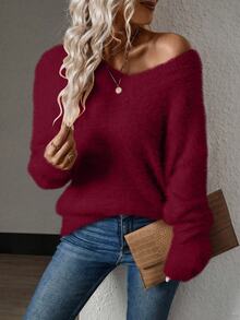 SHEIN 女款秋冬極簡風酒紅色V領長袖毛絨針織套頭衫，寬鬆休閒百搭，適合日常通勤、約會、旅行 - 酒紅色 - 查看 8