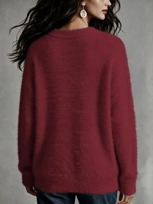 SHEIN 女款秋冬極簡風酒紅色V領長袖毛絨針織套頭衫，寬鬆休閒百搭，適合日常通勤、約會、旅行 - 酒紅色 - 查看 3