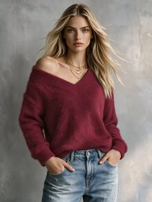 SHEIN 女款秋冬極簡風酒紅色V領長袖毛絨針織套頭衫，寬鬆休閒百搭，適合日常通勤、約會、旅行 - 酒紅色 - 查看 7