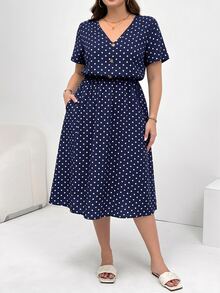 Shapeblank Plus Size Women's V-Neck Polka Dot Casual Daily Summer Dress - Navy Blue - View 3