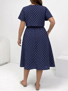 Shapeblank Plus Size Women's V-Neck Polka Dot Casual Daily Summer Dress - Navy Blue - View 8