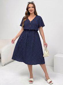 Shapeblank Plus Size Women's V-Neck Polka Dot Casual Daily Summer Dress - Navy Blue - View 5