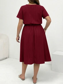 Shapeblank Plus Size Summer Casual Solid Color Short Sleeve Dress Formal Vacation Burgundy - Burgundy - View 3
