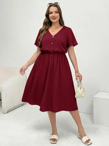 Shapeblank Plus Size Summer Casual Solid Color Short Sleeve Dress Formal Vacation Burgundy - Burgundy - View 5